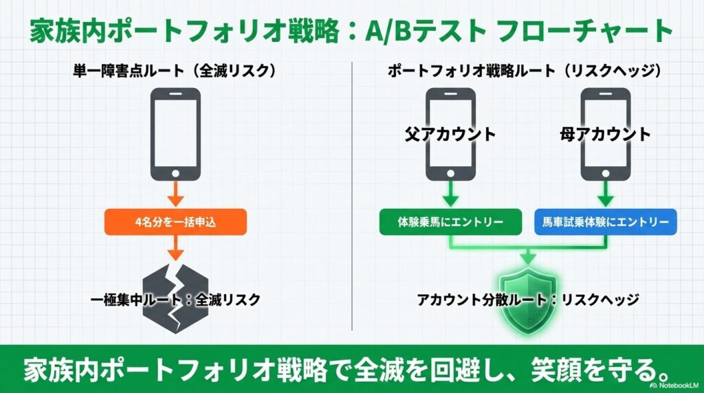 乗馬体験と馬車試乗体験で家族のアカウントを分散させるリスクヘッジ戦略のフローチャート