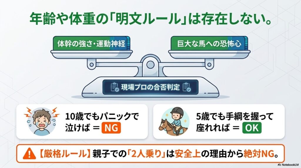 乗馬体験における合否を体幹の強さや馬への恐怖心で判定する現場プロのイラスト