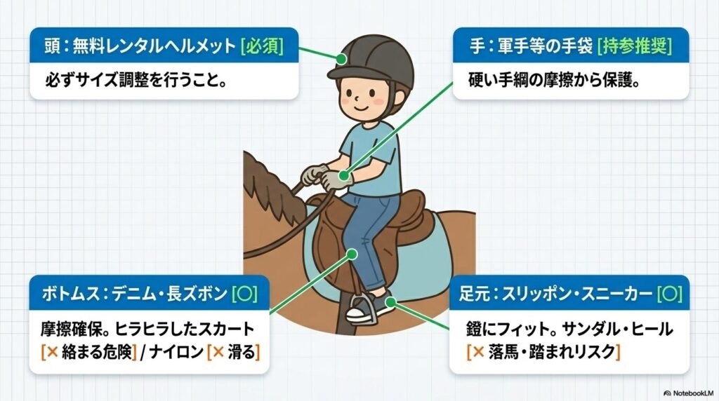 乗馬体験に必須となるヘルメットやスリッポン、推奨される長ズボンなどの安全な服装