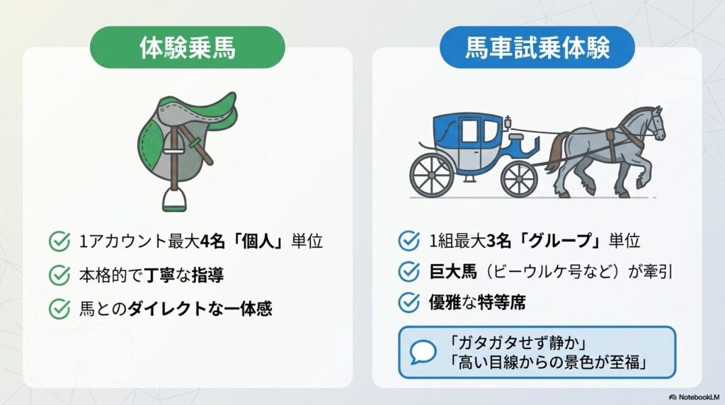 馬との一体感を味わえる体験乗馬と優雅な景色を楽しめる馬車試乗体験の比較イラスト