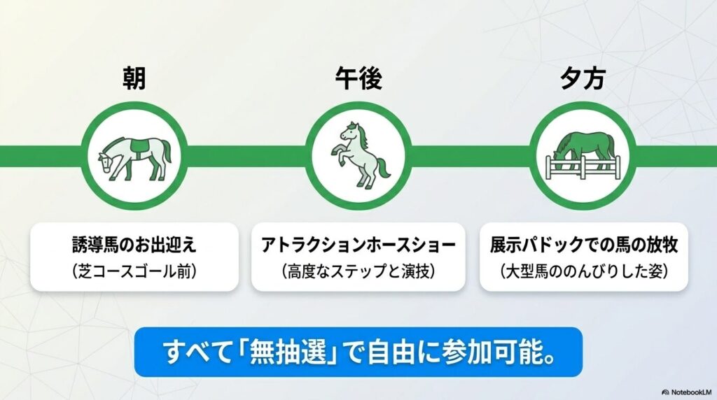 誘導馬のお出迎えやアトラクションホースショーなど無抽選で自由に参加できる馬事イベント