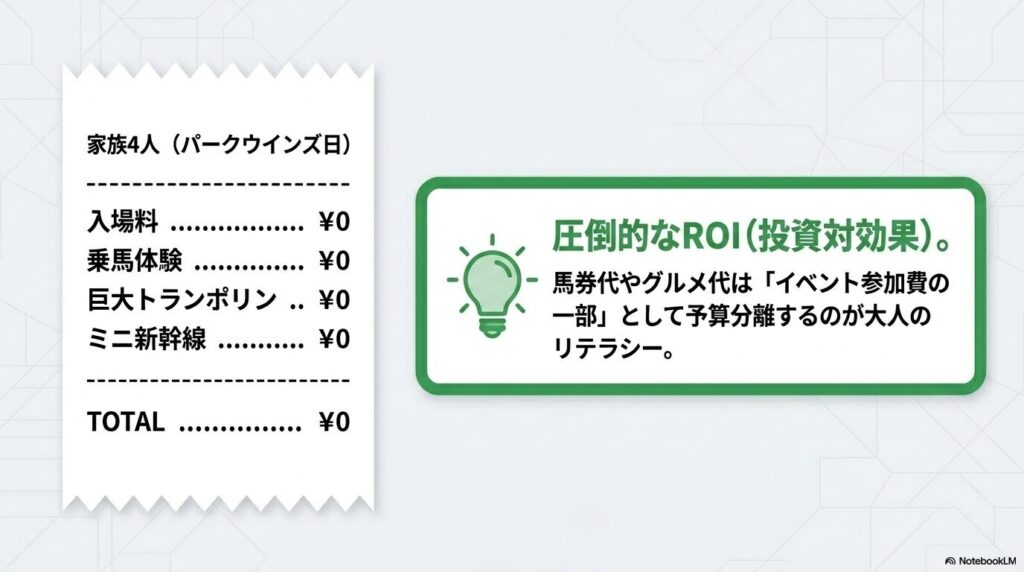 家族4人でパークウインズ日に乗馬や遊具を楽しんだ場合の合計費用が無料であることを示すレシート