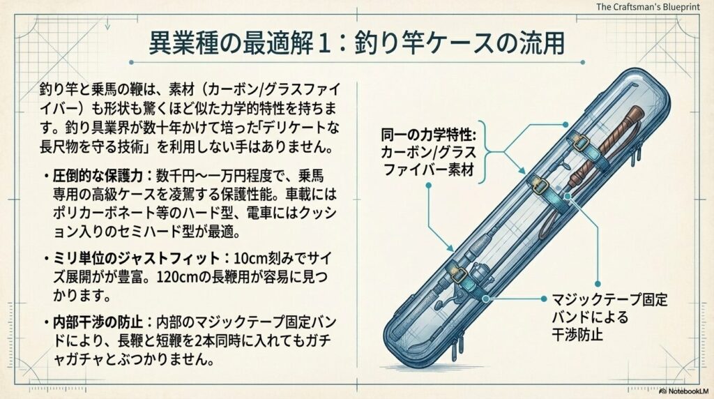 同じ力学的特性を持つ釣り竿用ハードケースを乗馬用長鞭ケースとして流用するメリットの図解