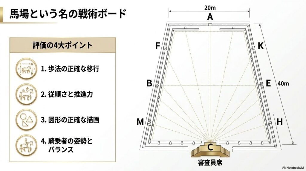 乗馬3級経路試験における馬場の全体図と4つの主な審査ポイント