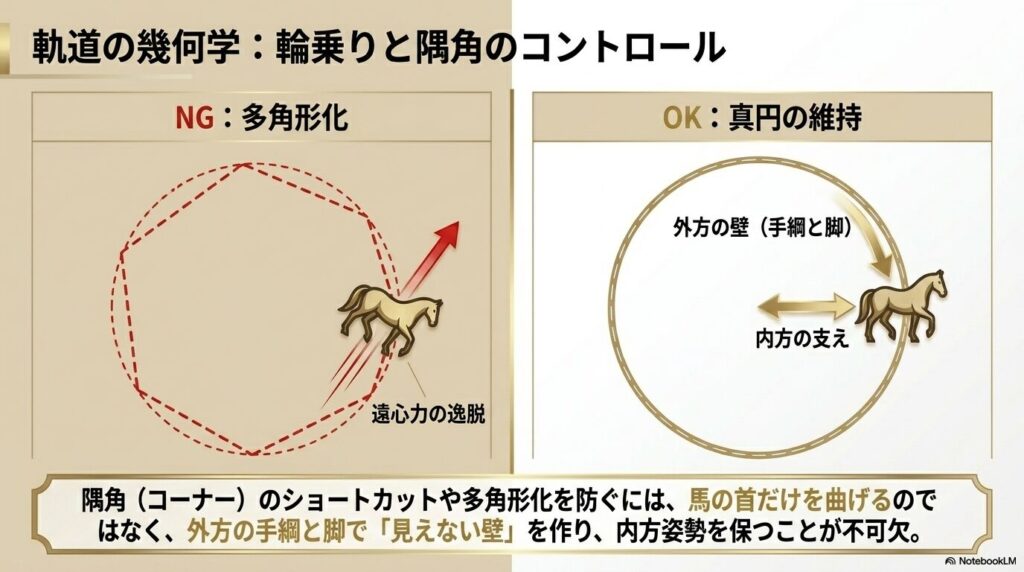 乗馬の輪乗りにおける多角形化の失敗例と正しい真円を描くための扶助