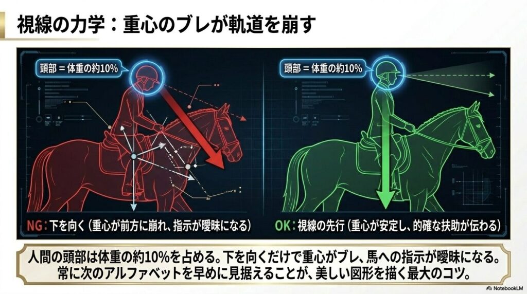 乗馬における視線と重心の関係を示す図解