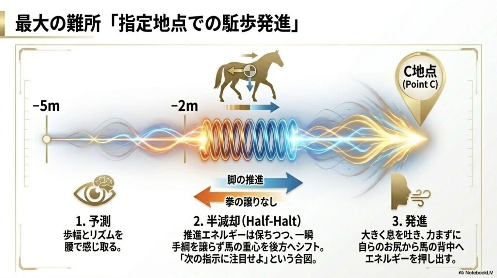 乗馬3級経路の最大の難所であるC地点での正確な駈歩発進のタイミングと半減却