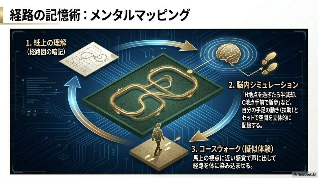 乗馬3級経路を覚えるためのメンタルマッピングと脳内シミュレーションの手順