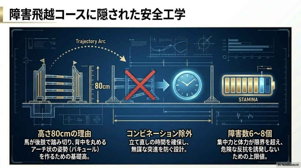 障害3級実技コースの設計意図（高さ80cm、障害数6〜8個、コンビネーション障害の除外）