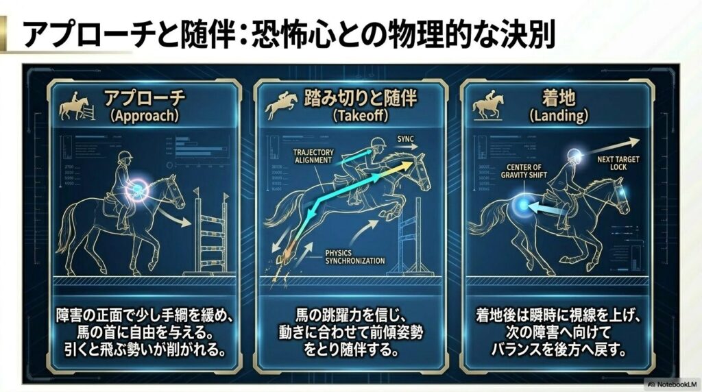 障害飛越のアプローチから踏み切り、随伴、着地までの正しい姿勢と重心移動の流れ