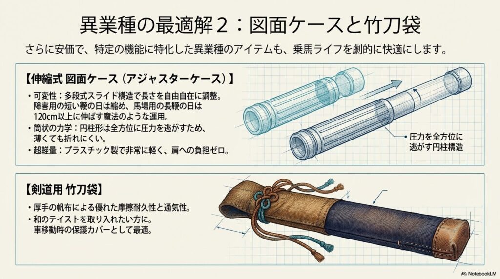 スライド式で長さ調整可能なプラスチック製図面ケースと帆布製の剣道用竹刀袋を乗馬用鞭ケースにするアイデア図解