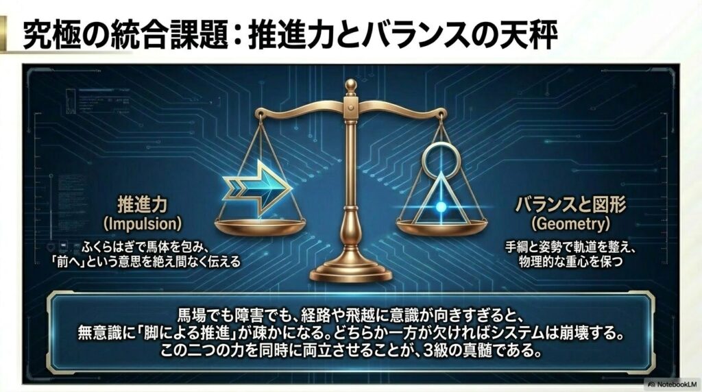 乗馬3級で求められる馬の推進力とバランス・図形描画の両立を示す概念図