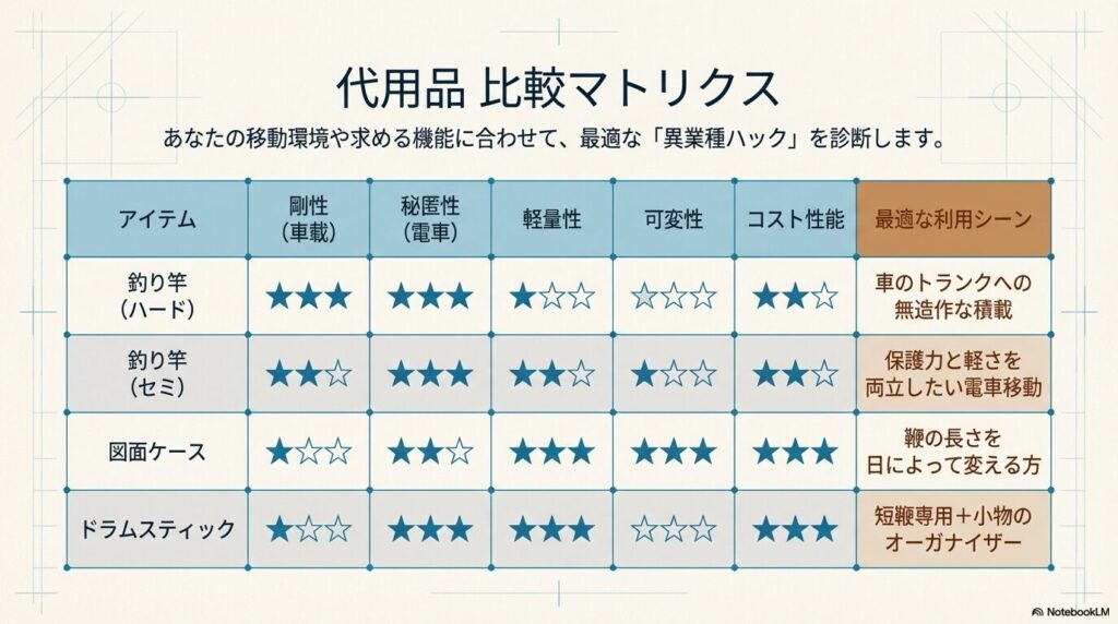 釣り竿ケースや図面ケースなど乗馬用鞭ケース代用品の剛性、秘匿性、軽量性を比較したマトリクス表