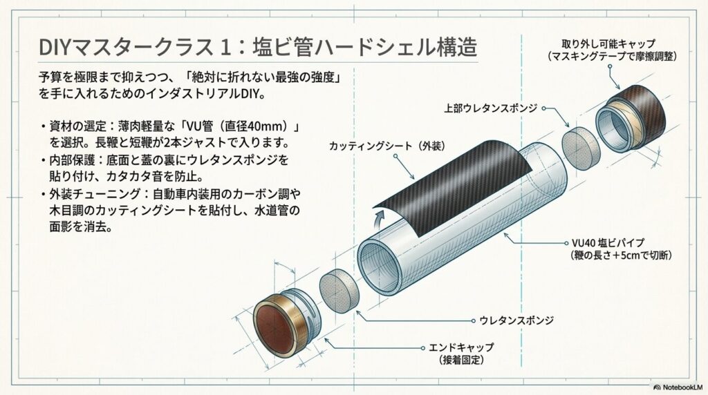 VU40塩ビパイプにウレタンスポンジとカッティングシートを用いて製作する乗馬用鞭ハードケースのDIY設計図