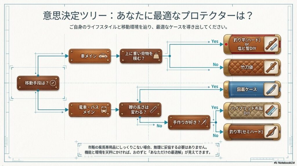 移動手段や手作りの好みに応じて最適な乗馬用鞭ケースや代用品を導き出す意思決定フローチャート