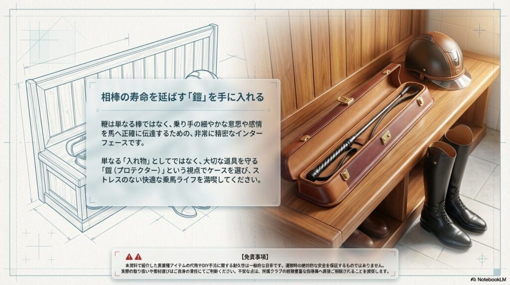 木目調のベンチに置かれた美しい革製の乗馬用鞭ケースとヘルメットやブーツのイメージ画像
