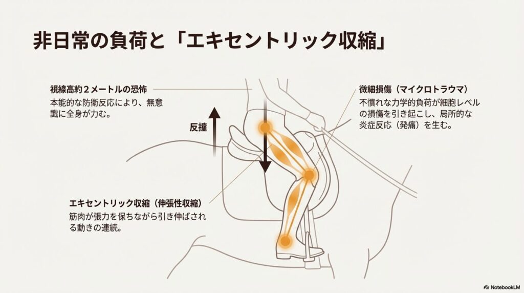 乗馬中のエキセントリック収縮と筋線維の微細損傷が起こるメカニズムの図解