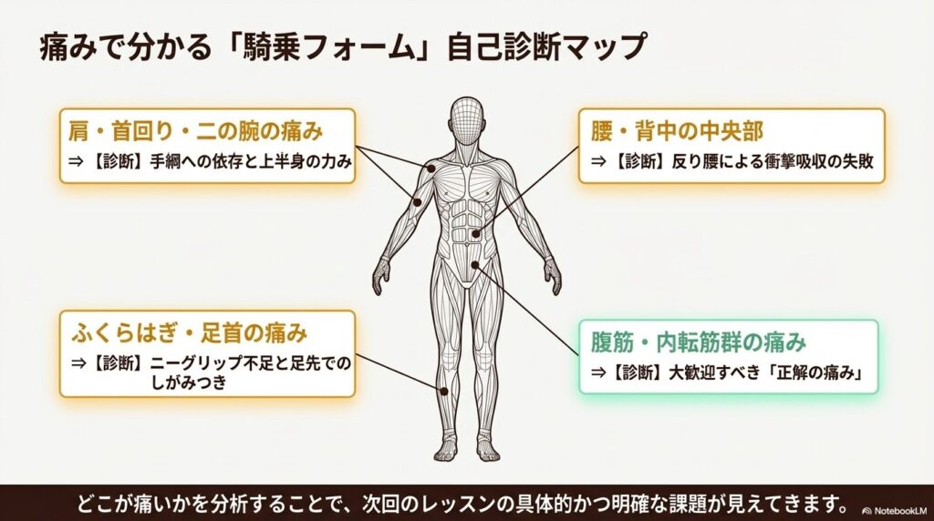 乗馬後に痛む部位から騎乗フォームの癖を自己診断できる全身マップ