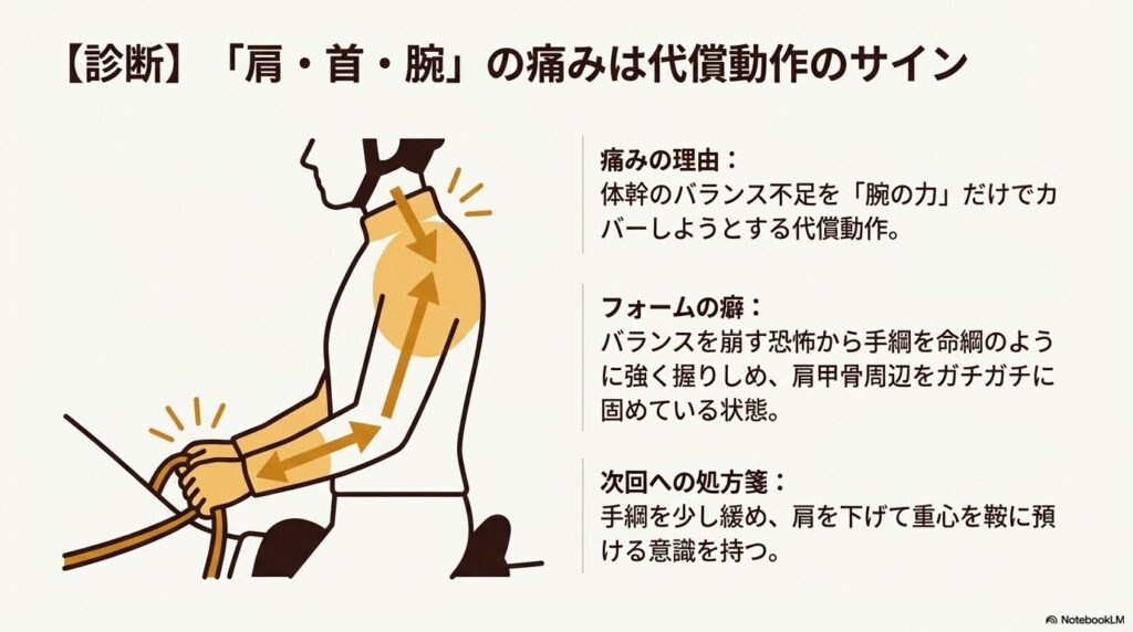 乗馬で手綱に強く依存し肩や首回りに無駄な力みが生じている上半身の代償動作のイラスト
