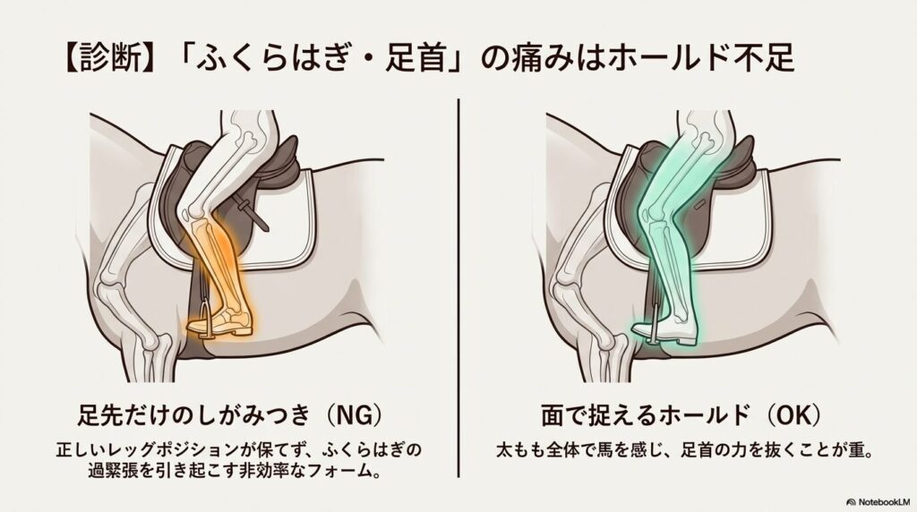 足先だけで馬の腹にしがみついている誤ったレッグポジションと太もも全体で捉える正しいホールドの比較イラスト
