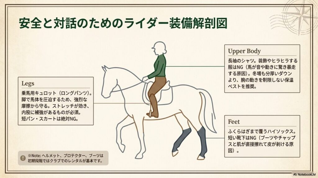 乗馬時の安全と馬との対話を守るためのライダー装備解剖図（長袖シャツ、乗馬用キュロット、ハイソックスの着用ルール）