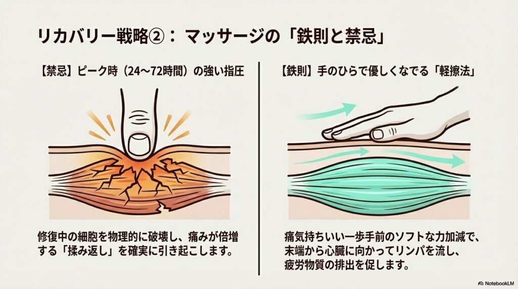 筋肉痛ピーク時の強い指圧による揉み返しの危険性と手のひらで優しくなでる軽擦法のマッサージを図解したイラスト