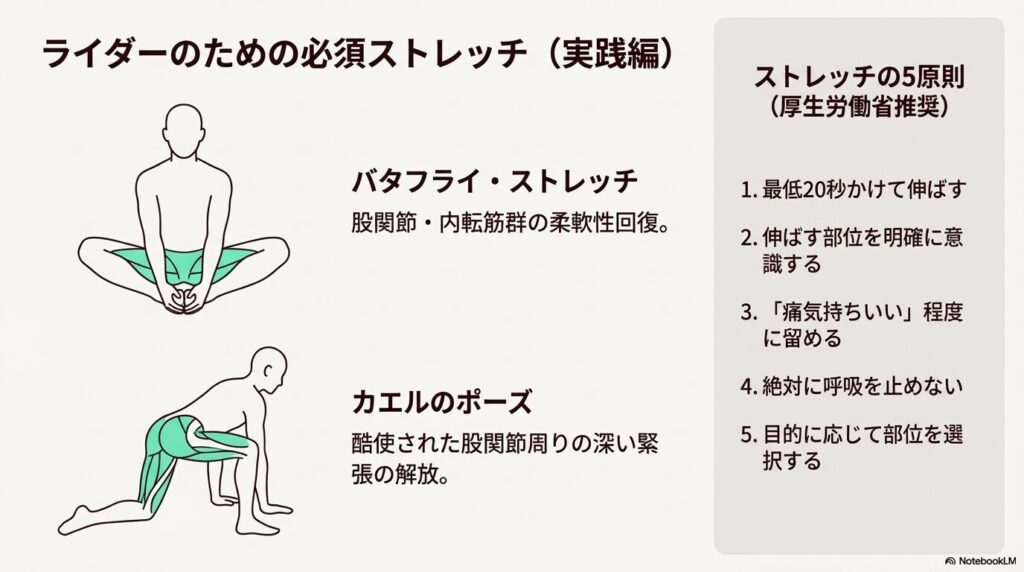 乗馬後の股関節ケアに有効なバタフライ・ストレッチとカエルのポーズの実践方法およびストレッチの5原則