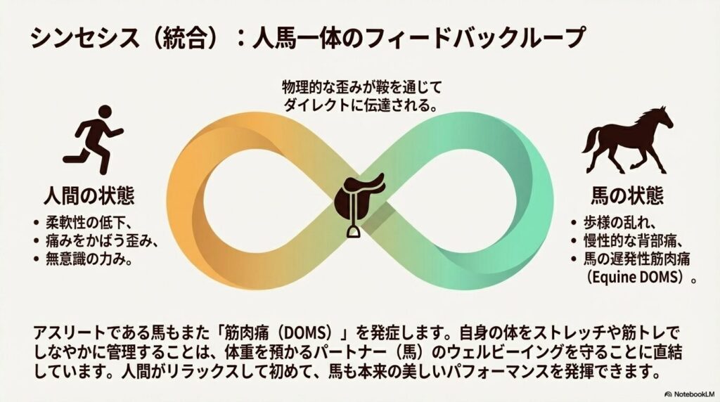騎乗者の身体の歪みや筋肉痛が馬の歩様の乱れや遅発性筋肉痛に連鎖していく人馬一体のフィードバックループ図解
