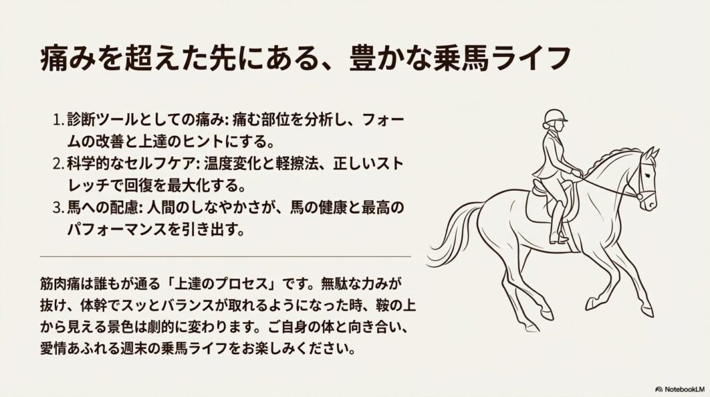 力を抜いてしなやかな姿勢で馬に乗る女性騎乗者のイラスト