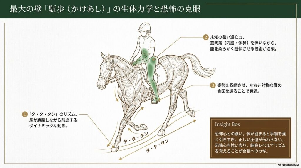 駈歩のタ・タ・タンという3拍子のリズムと生体力学的なポイントを解説した図