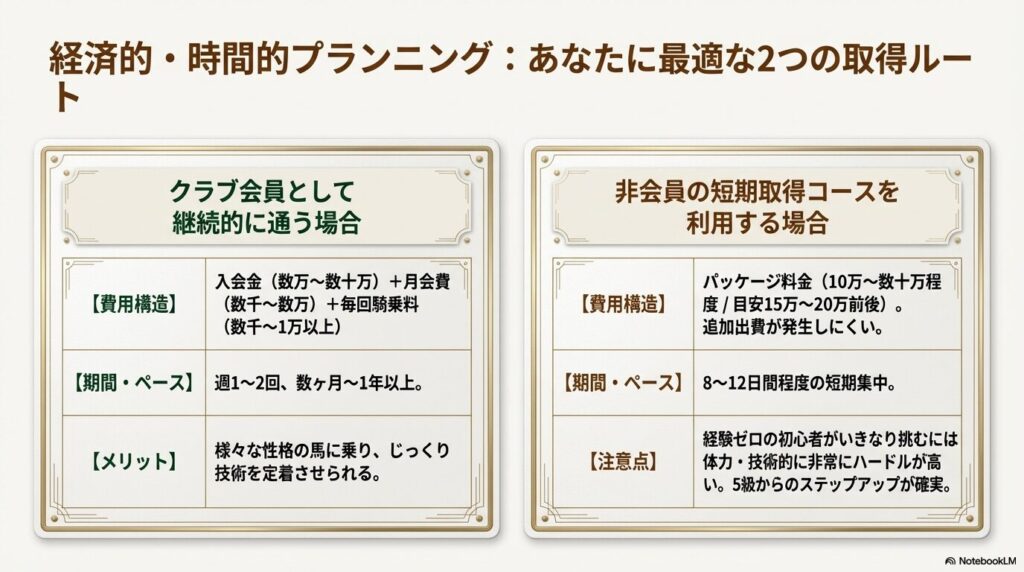 クラブ会員として継続的に通う場合と非会員の短期取得コースを利用する場合の費用と期間の比較表