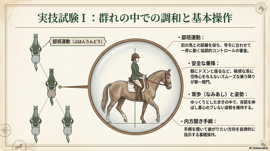 乗馬ライセンス5級の実技試験で審査される部班運動における群れの中での調和と基本操作の図解