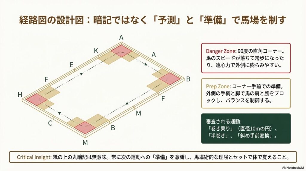乗馬ライセンス4級の実技試験で使われる馬場の経路図。直角コーナーなどの注意ゾーンを解説している。