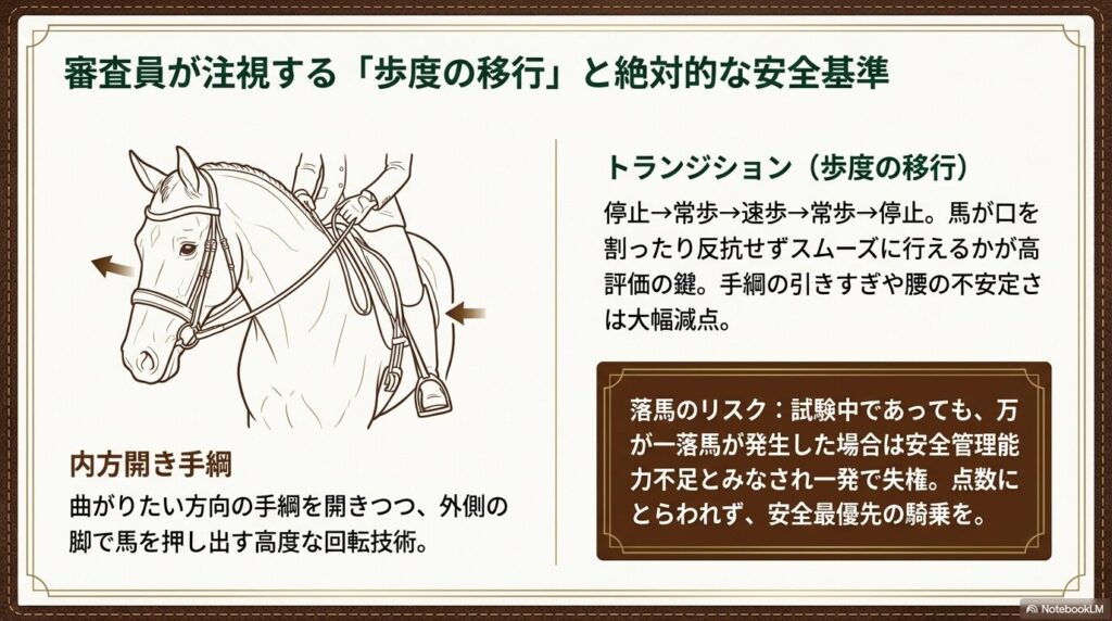 乗馬中の騎乗者の姿勢と内方開き手綱の操作方法、および安全基準を示したイラスト