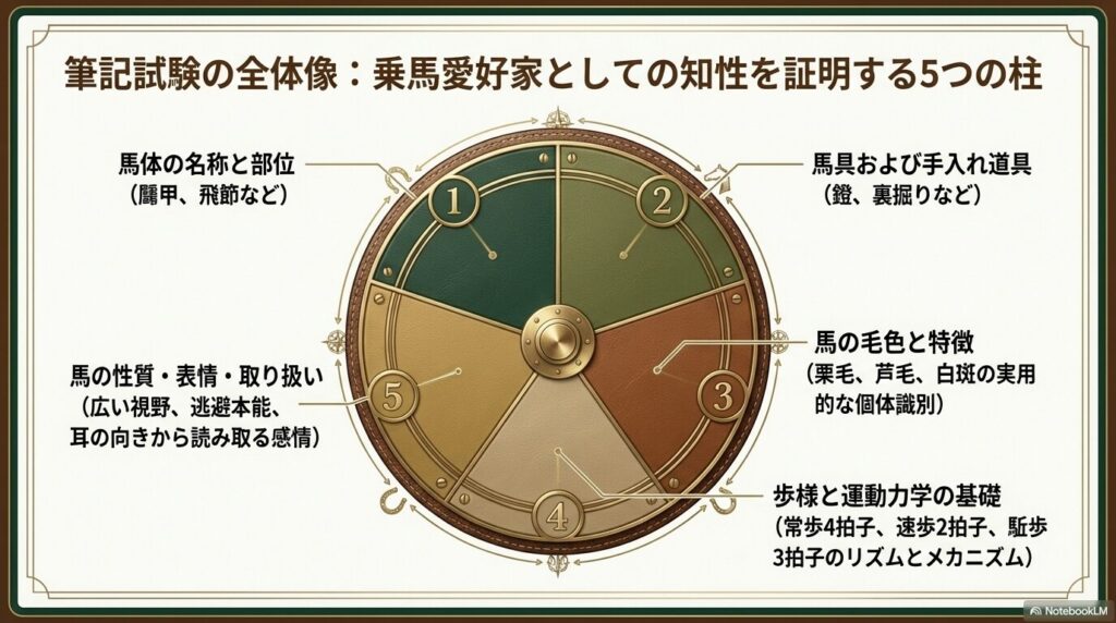 乗馬ライセンス4級の筆記試験の出題範囲となる5つのカテゴリー(馬体の名称、馬具、毛色、歩様、馬の性質)の全体像