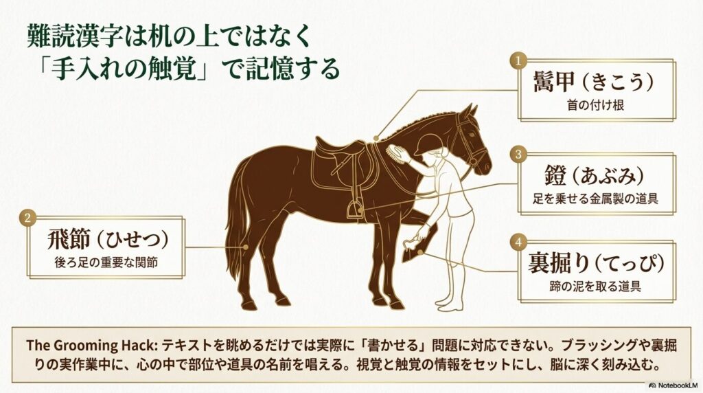 馬のブラッシングと裏掘りのお手入れをしているイラスト。鬐甲や飛節など難読漢字の部位を示している。