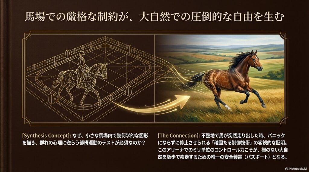 柵のある馬場での乗馬から、大自然の草原を疾走する馬へと変化していくイメージ図