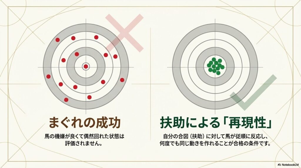 乗馬ライセンス3級の合格基準であるまぐれではない扶助の再現性を示す的の図