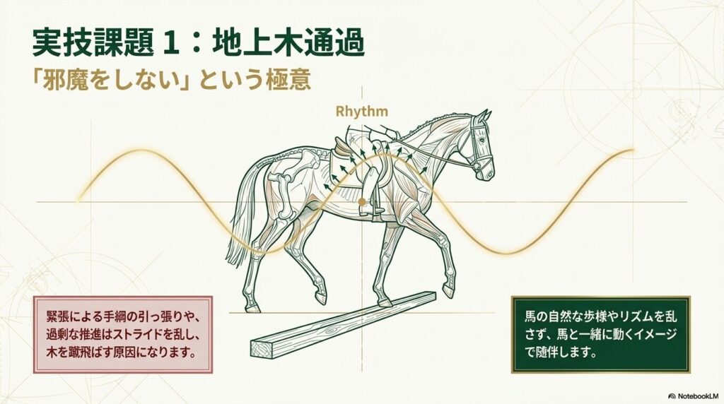 乗馬ライセンス3級の実技課題である地上木通過でリズムを保ち随伴するライダー