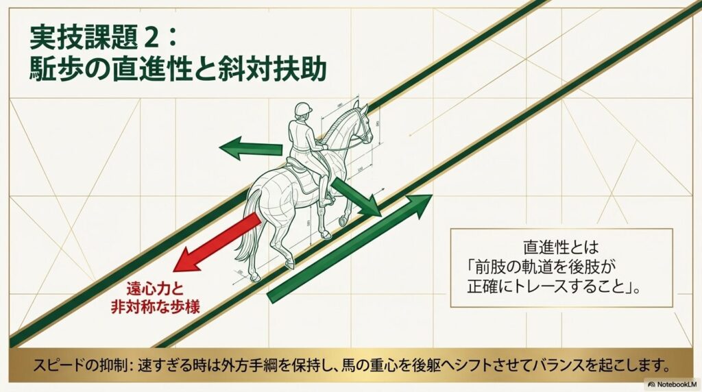 乗馬ライセンス3級の実技課題である駈歩の直進性と遠心力を制御する斜対扶助の図解