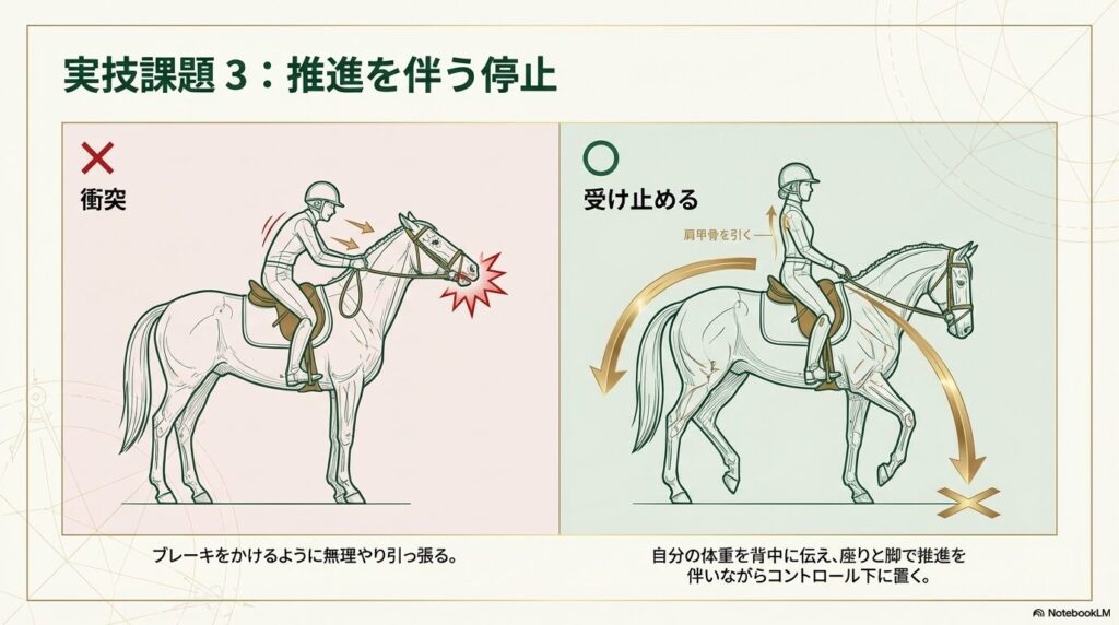 乗馬で無理やり引っ張るブレーキと座りで受け止める推進を伴う正しい停止の比較