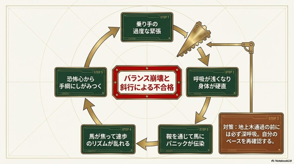 乗り手の緊張が馬のパニックを引き起こし乗馬ライセンス3級不合格に繋がる負のループ