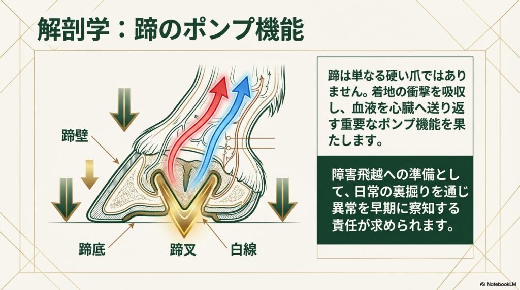 乗馬ライセンス3級の筆記で出題される蹄壁や蹄叉など蹄の着地衝撃を吸収するポンプ機能