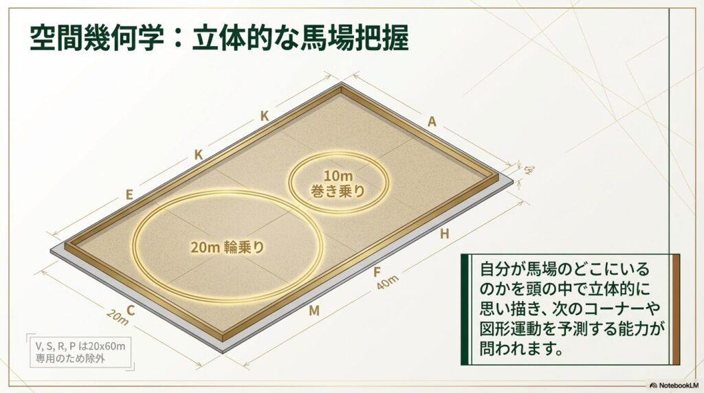 乗馬ライセンス3級で必要な20m×40mの馬場のアルファベット配置と輪乗り・巻き乗りの図形