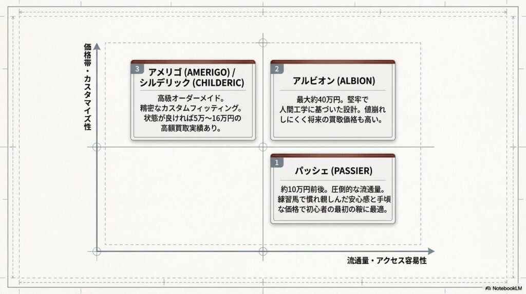 パッシェ、アルビオン、アメリゴなど主要ブランドの価格帯と流通量の比較表