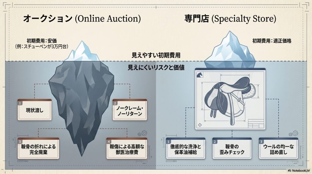 オークションと専門店の比較を示す氷山モデルと中古鞍のリスク