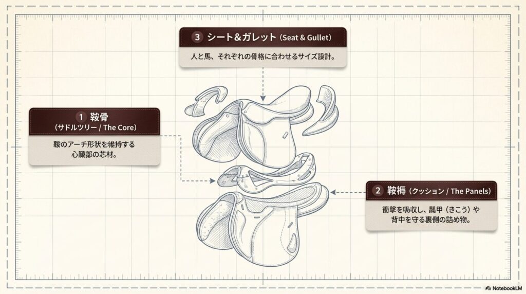 鞍骨（サドルツリー）、鞍褥（クッション）、シートとガレットの構造