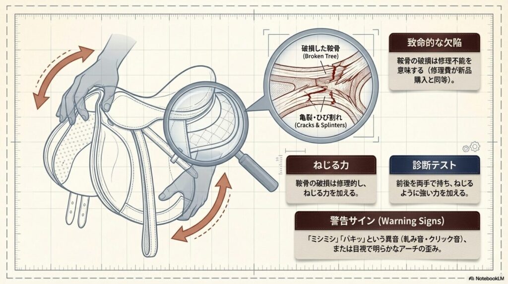 中古鞍の致命的な欠陥である鞍骨の破損とねじれテストの方法