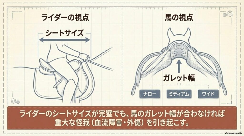 ライダーのシートサイズと馬のガレット幅（前幅）の測定図解