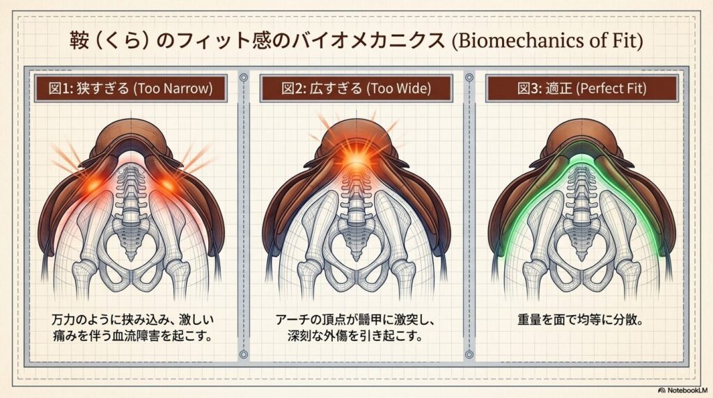 中古鞍のガレット幅が狭すぎる場合と広すぎる場合の馬体への生体力学的影響